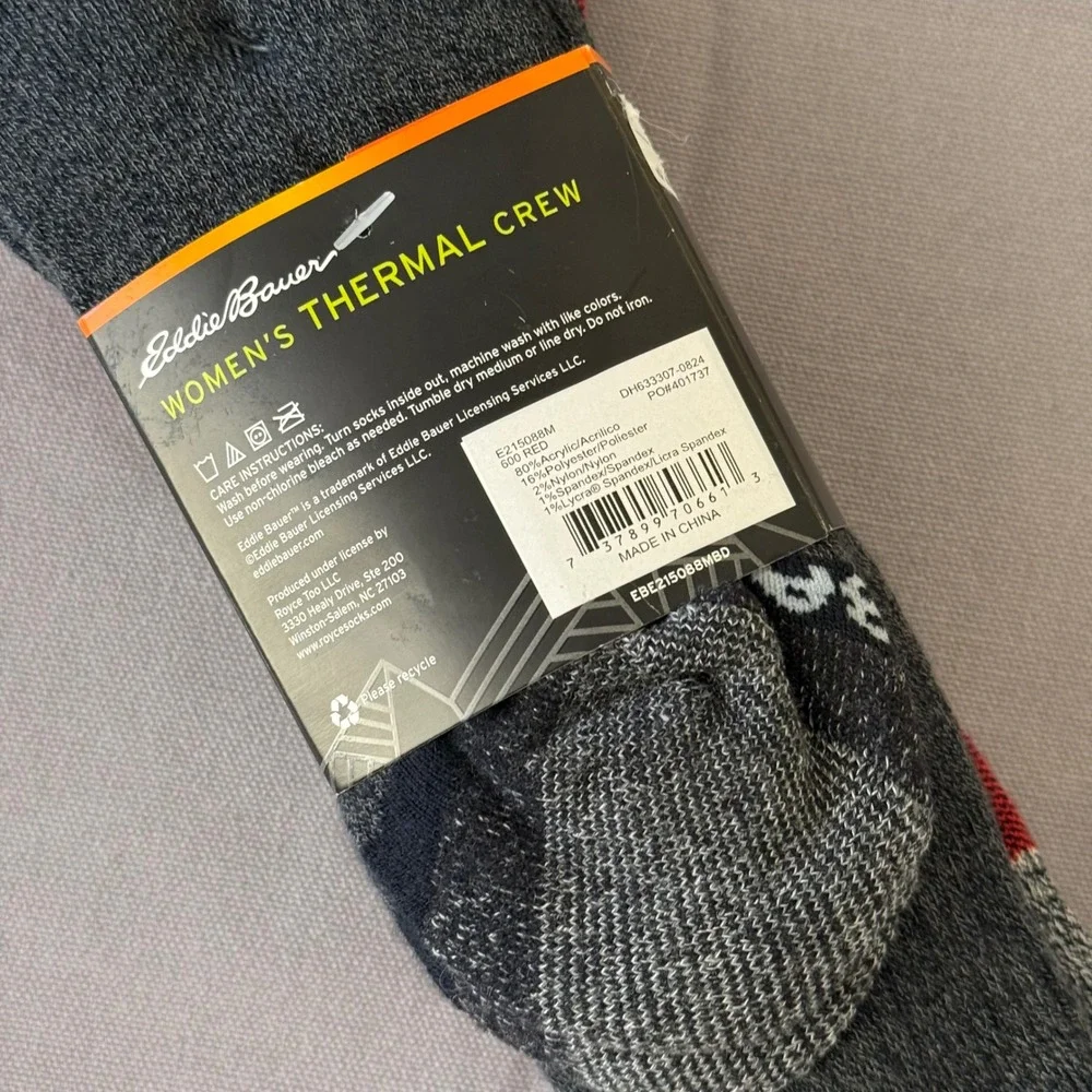 Eddie Bauer Womens Thermal Crew Socks 2 Pair Pack Red Buffalo‎ Plaid Gray 5-10